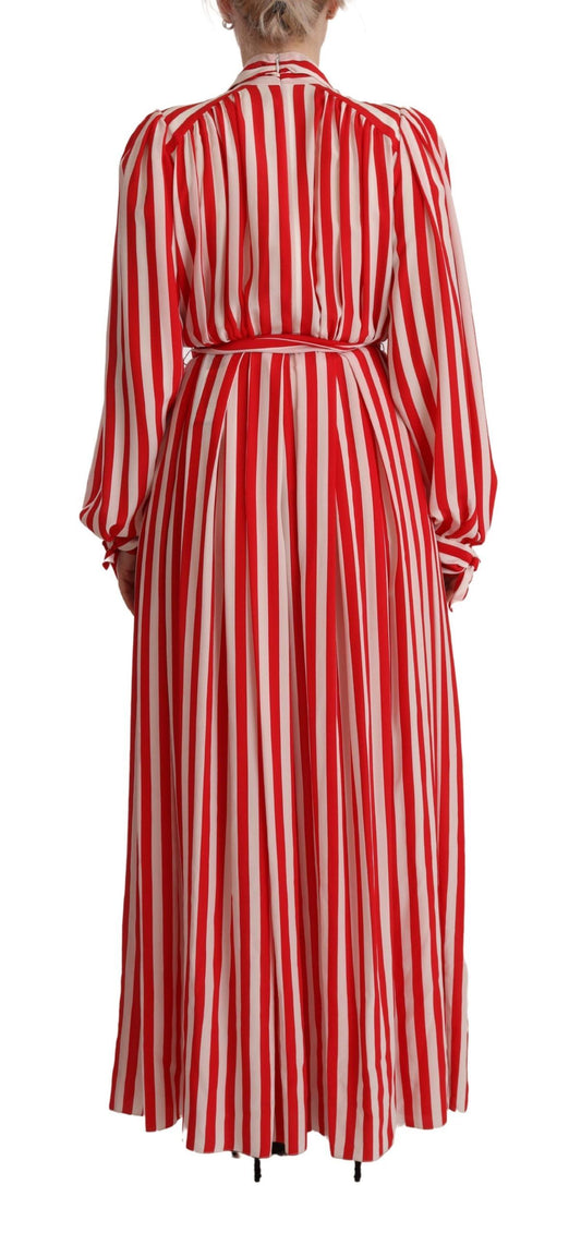 Long red and white striped silk dress with belt at waist