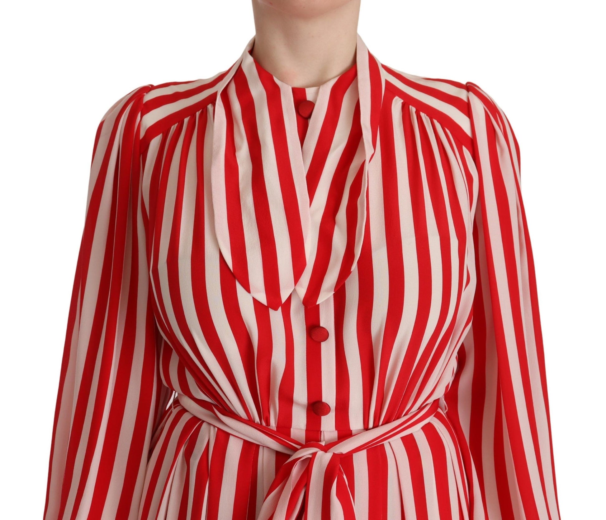 A red and white striped silk dress with a belted waist