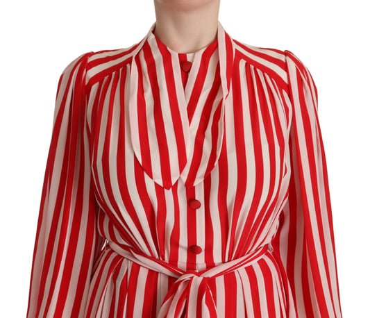 A red and white striped silk dress with a belted waist