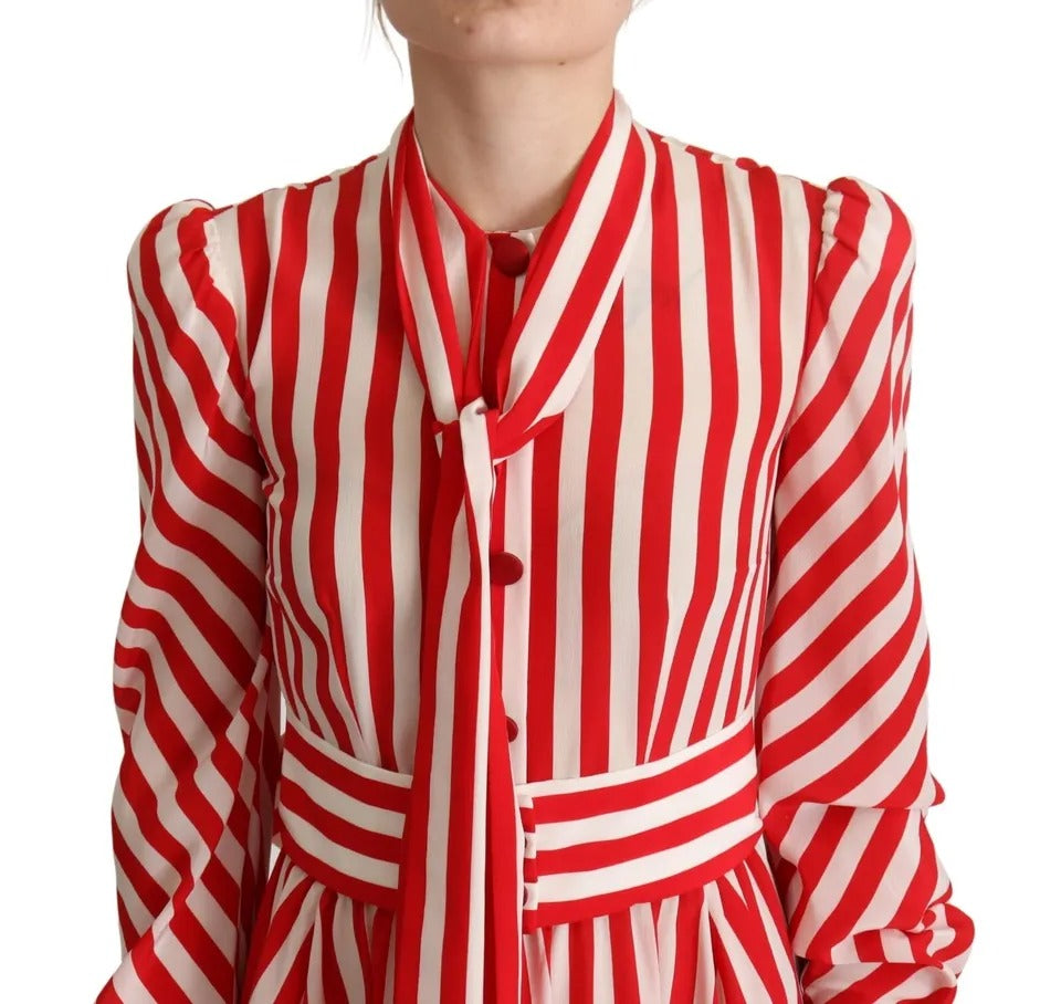A red and white striped dress with a tie at the waist. It is an A-line shift gown, part of the Dolce & Gabban
