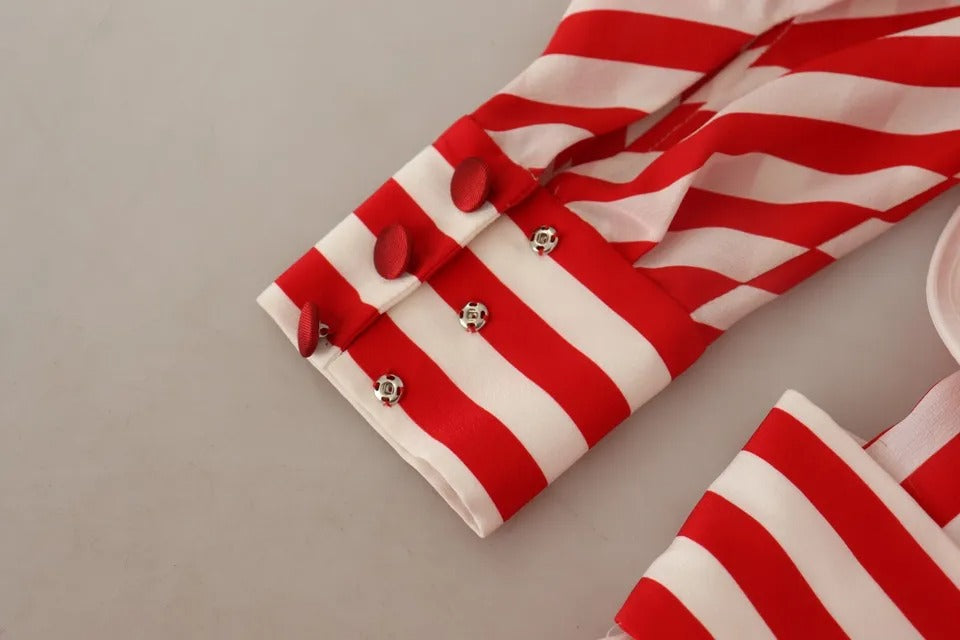 Red and white striped dress with buttons on sleeves