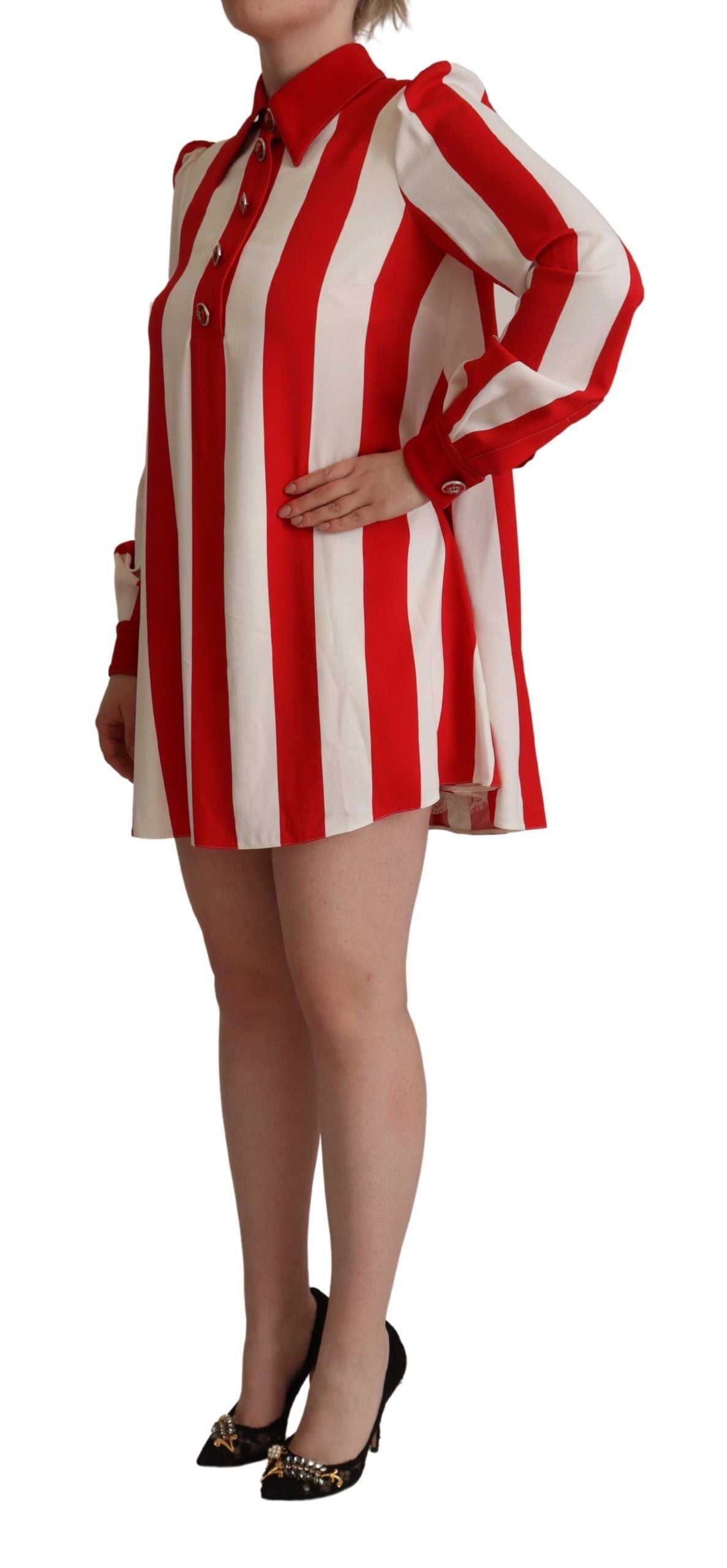 A red and white striped mini dress with short sleeves, worn by a mannequin