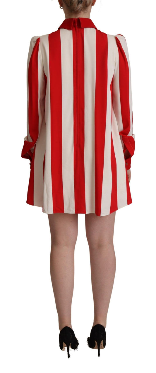 A red and white striped dress with a high neckline