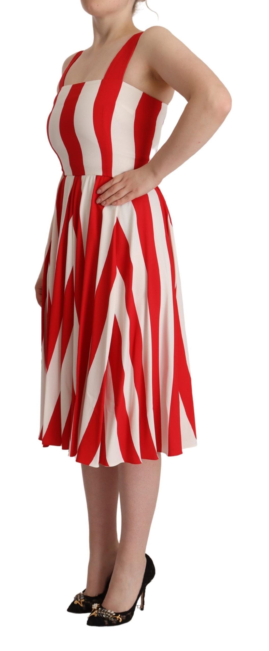 A red and white striped dress with a fitted bodice and flared skirt