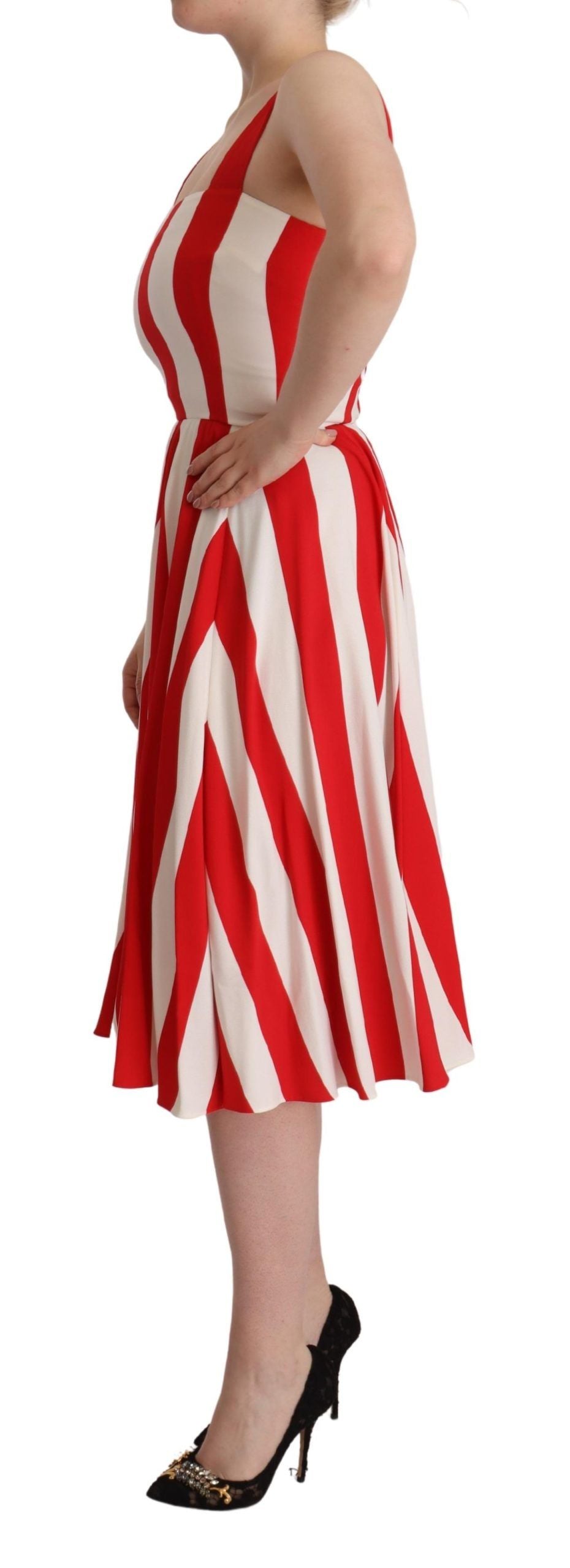 A red and white striped dress with short sleeves, designed by Dolce & Gabbana. It is an A-line gown style, fe