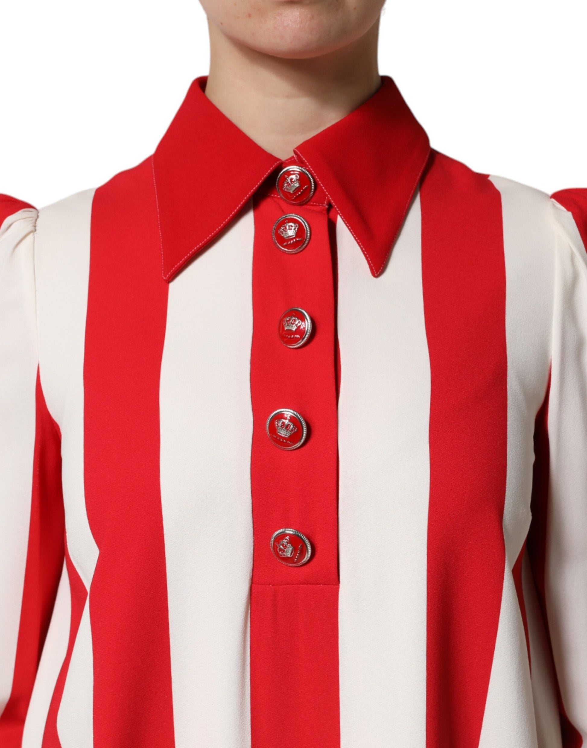 A red and white striped long sleeve mini dress with buttons down the front