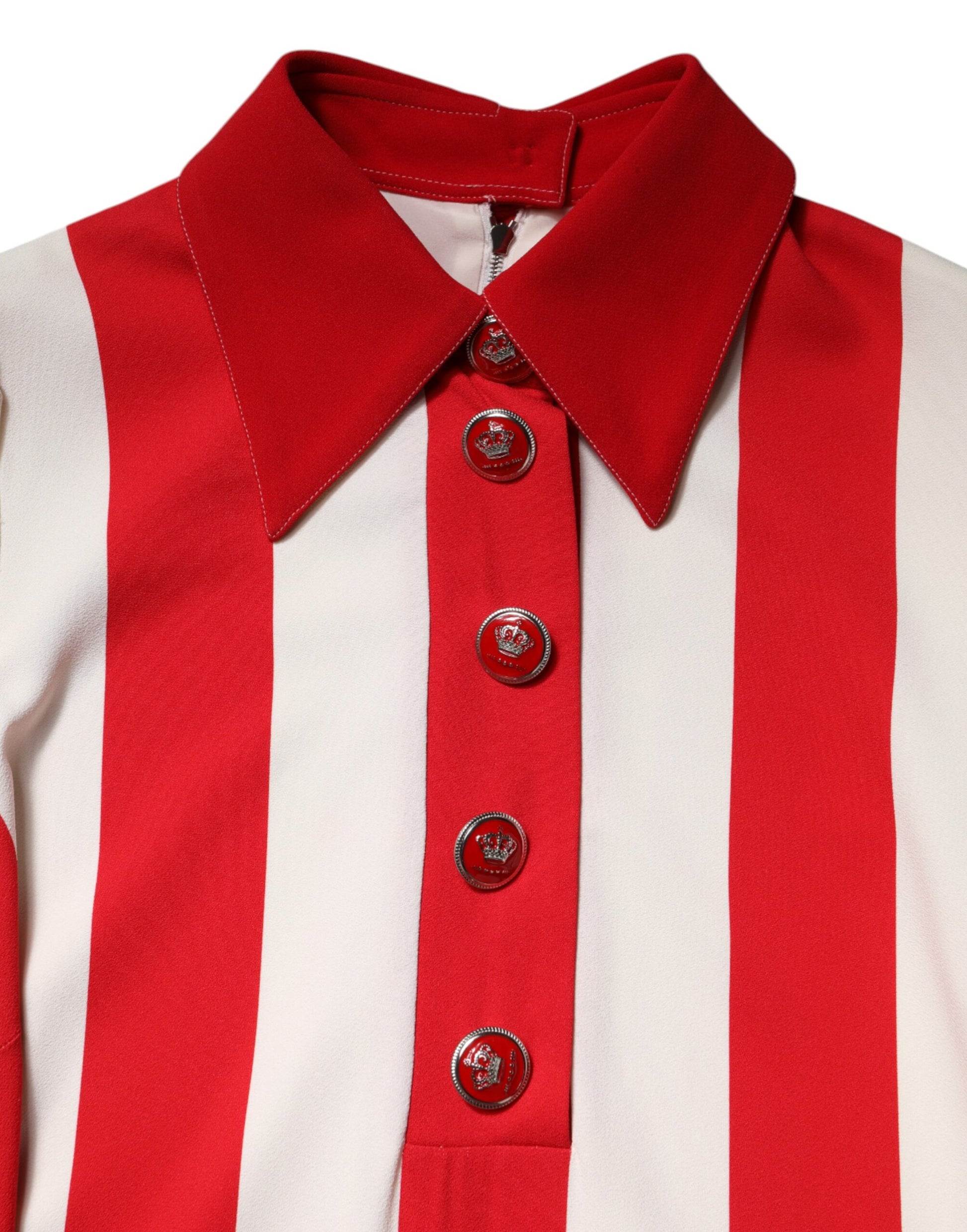 A red and white striped long sleeve mini dress with buttons down the front