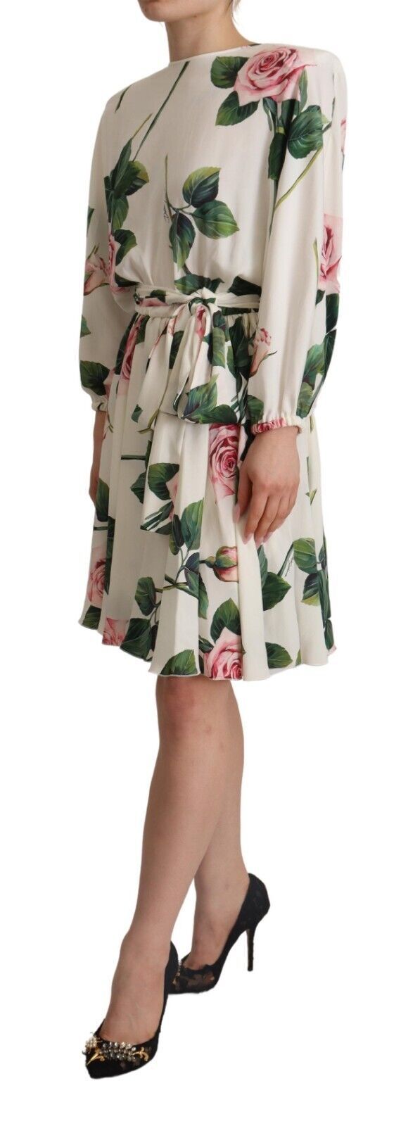 A-line dress with white rose print, long sleeves, and belt detail