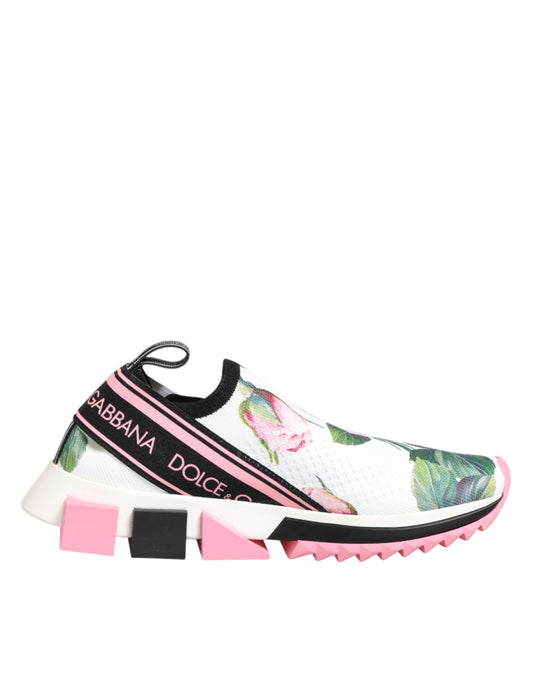 Pink and white sneakers with floral pattern on side