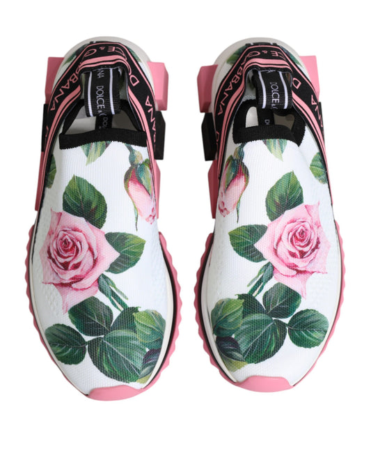 Pair of pink and white sneakers with floral print