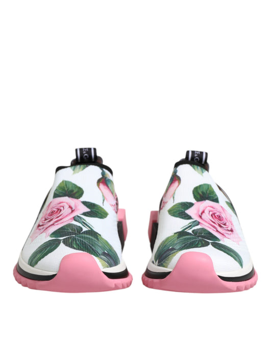 Pair of pink sneakers with floral print on soles