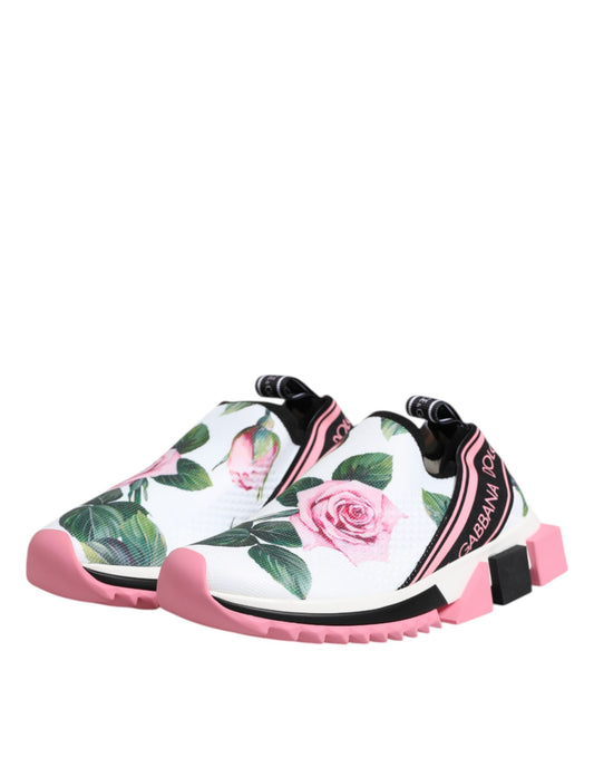 Pink and white sneakers with floral pattern on side