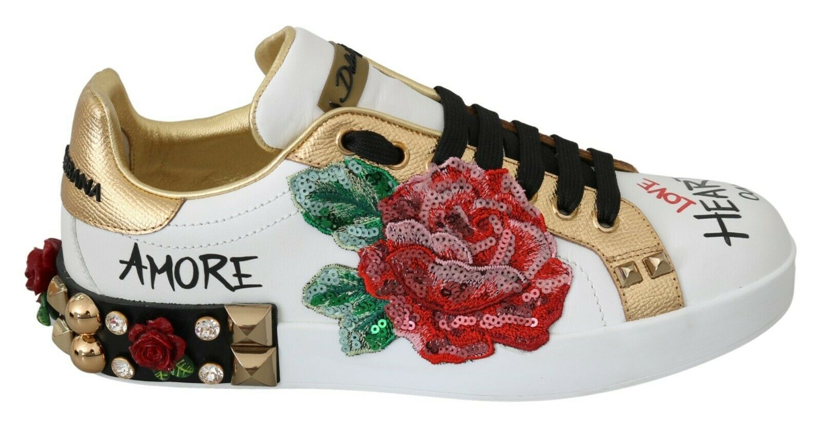 Gold and white sneakers with red rose embroidery and studs on sides