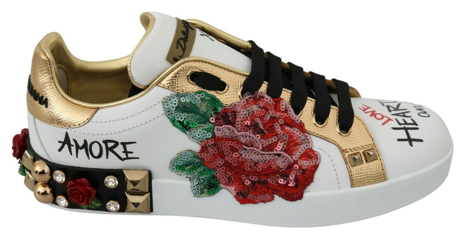 Gold and white sneakers with red rose embroidery and studs