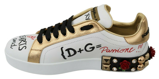 Gold and white sneakers with floral embellishments on side panels