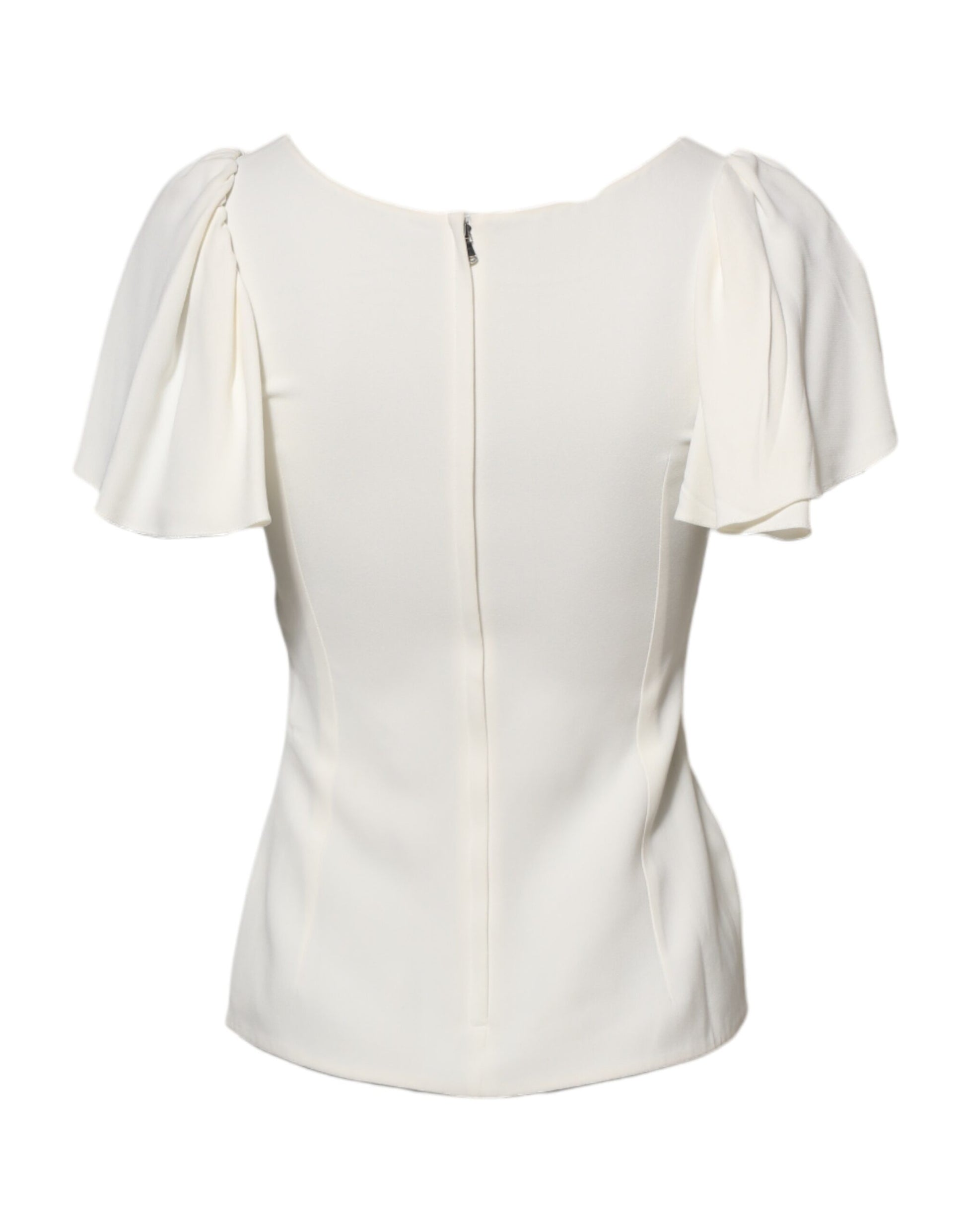 White sleeveless blouse with ruffled shoulders