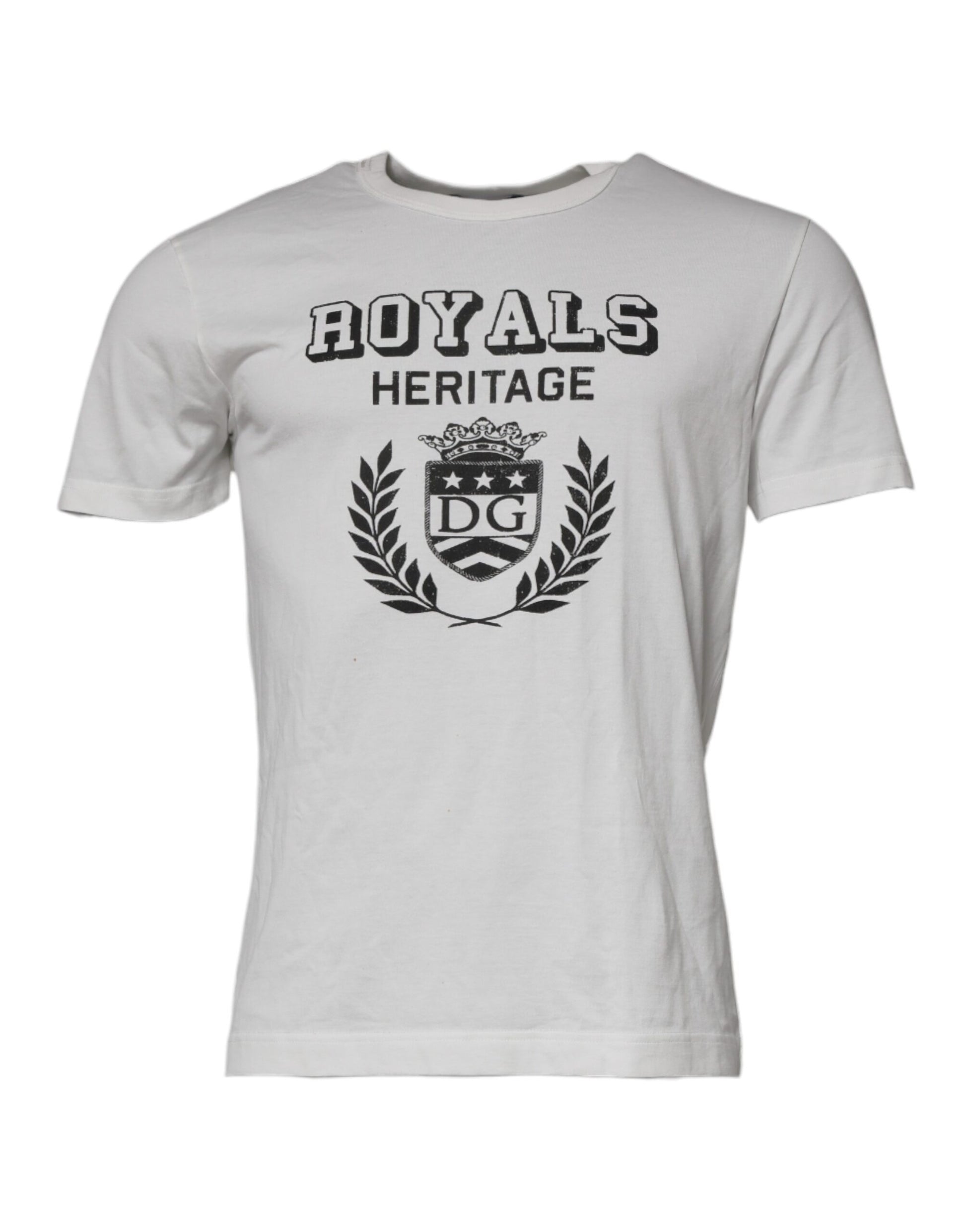 White t-shirt with black lettering and emblems