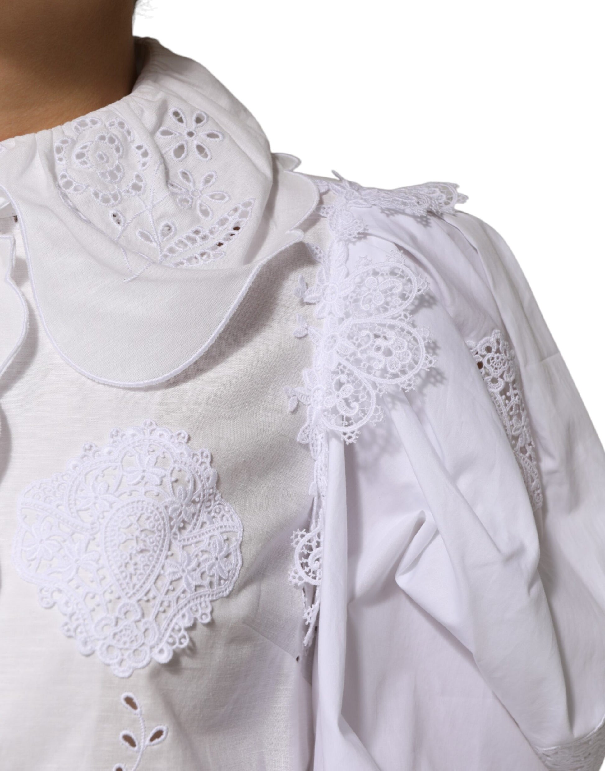 White lace shirt with embroidery on neckline
