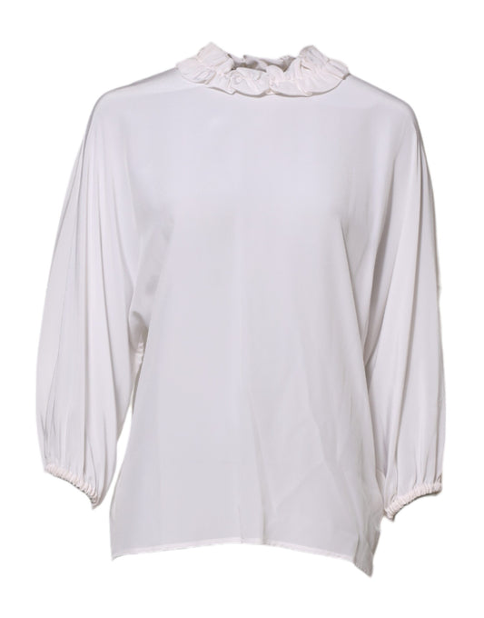 Long sleeve white blouse with ruffled collar