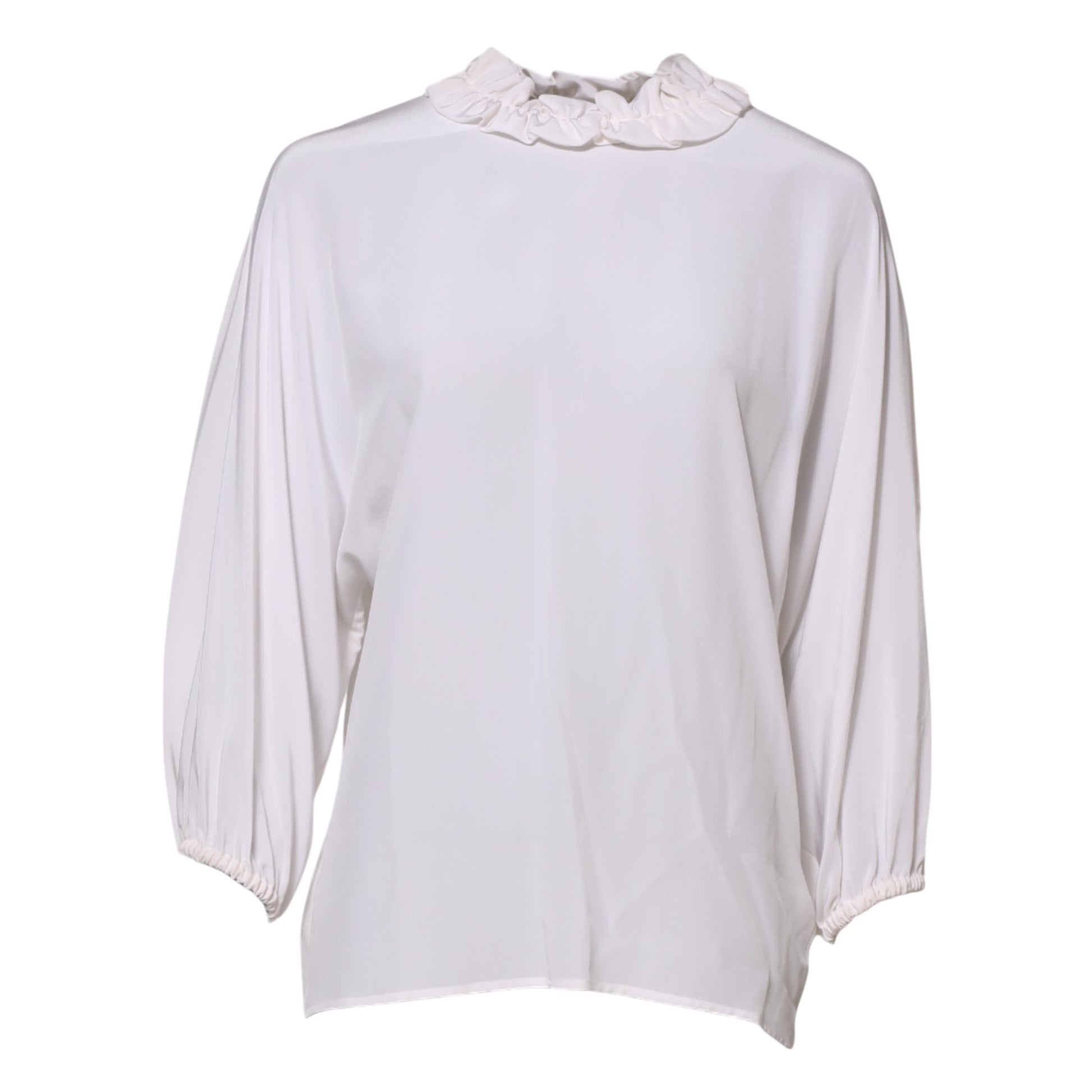 White long sleeve shirt with ruffles on collar