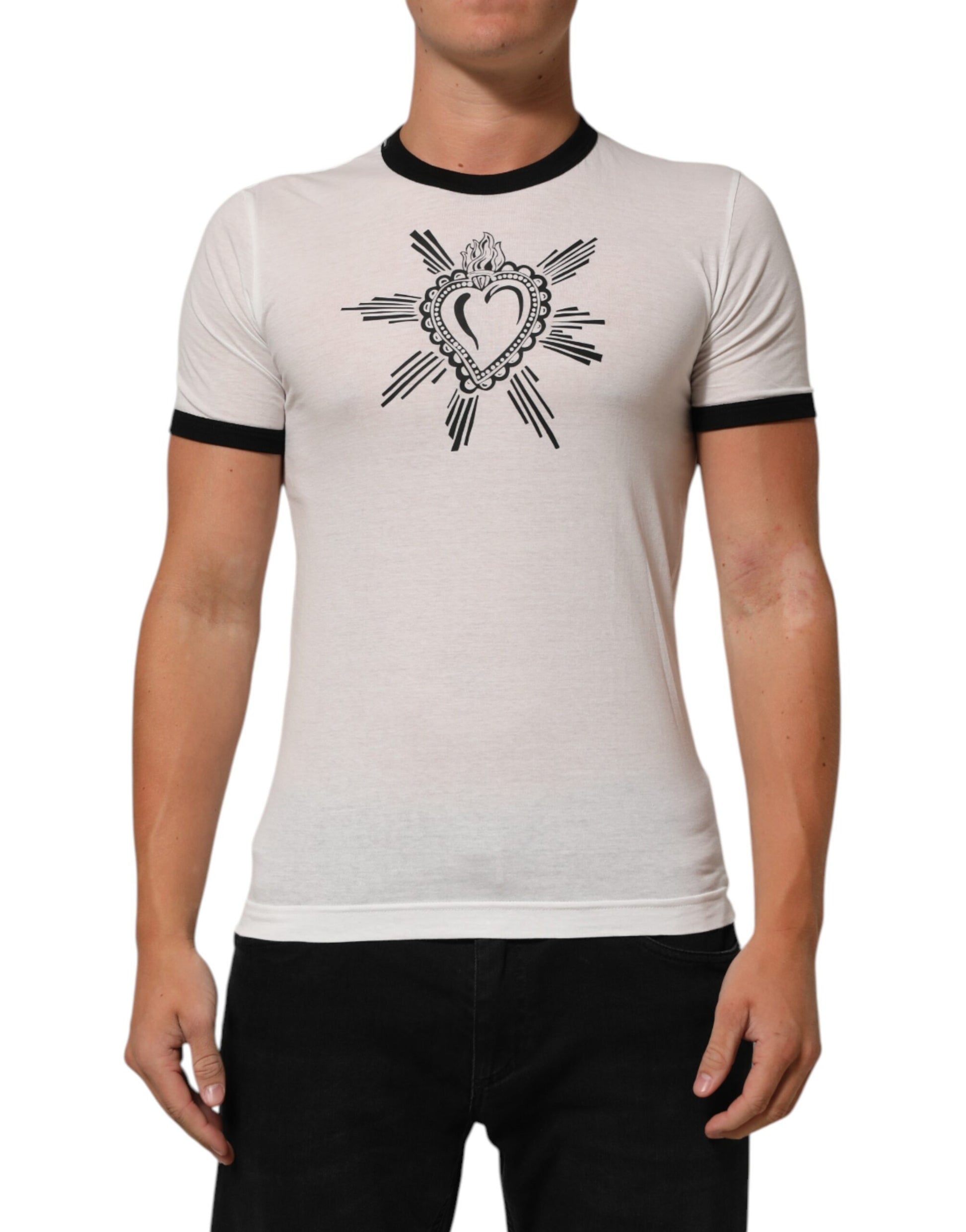 White t-shirt with black design on front