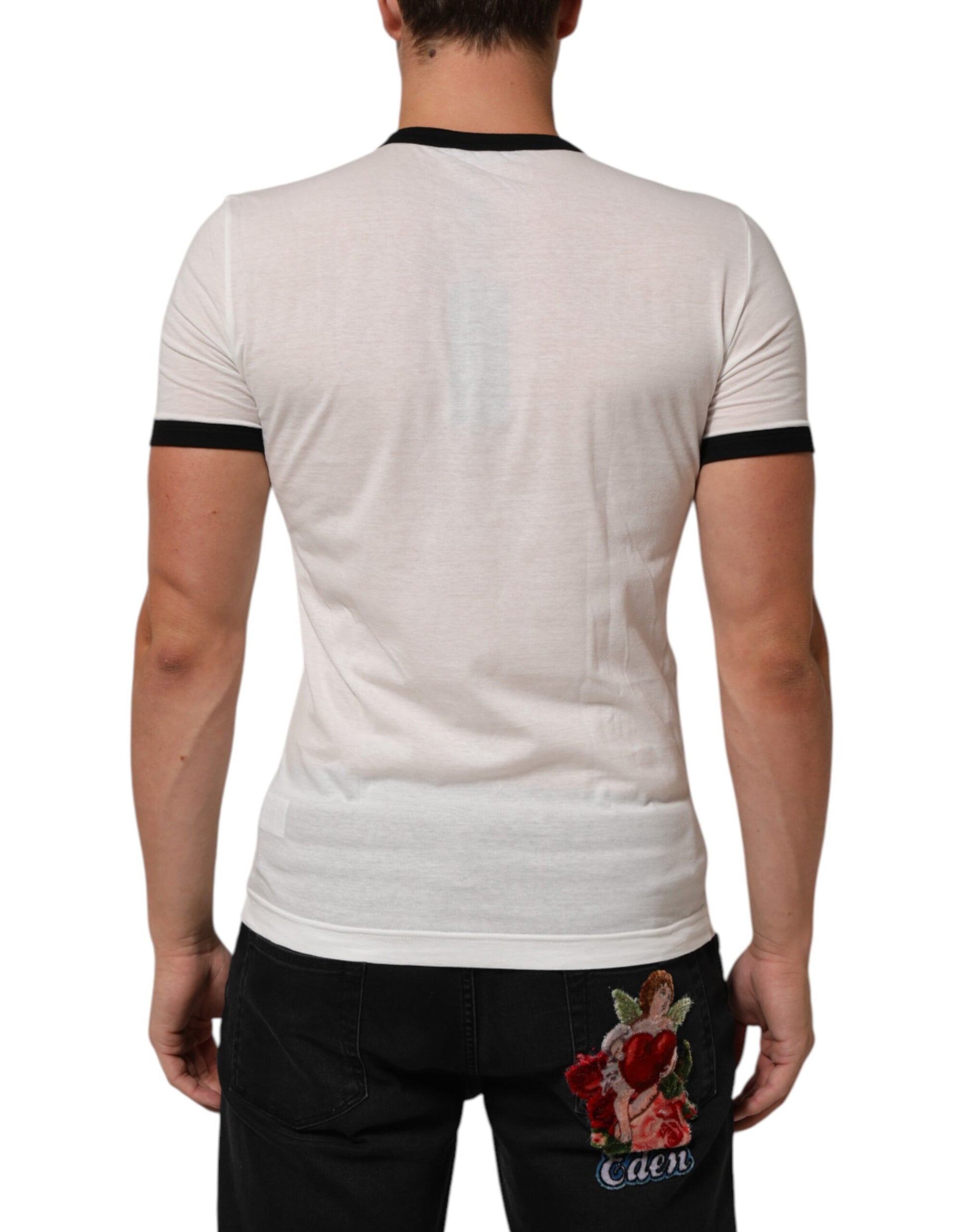 White short sleeve t-shirt with black trim on back