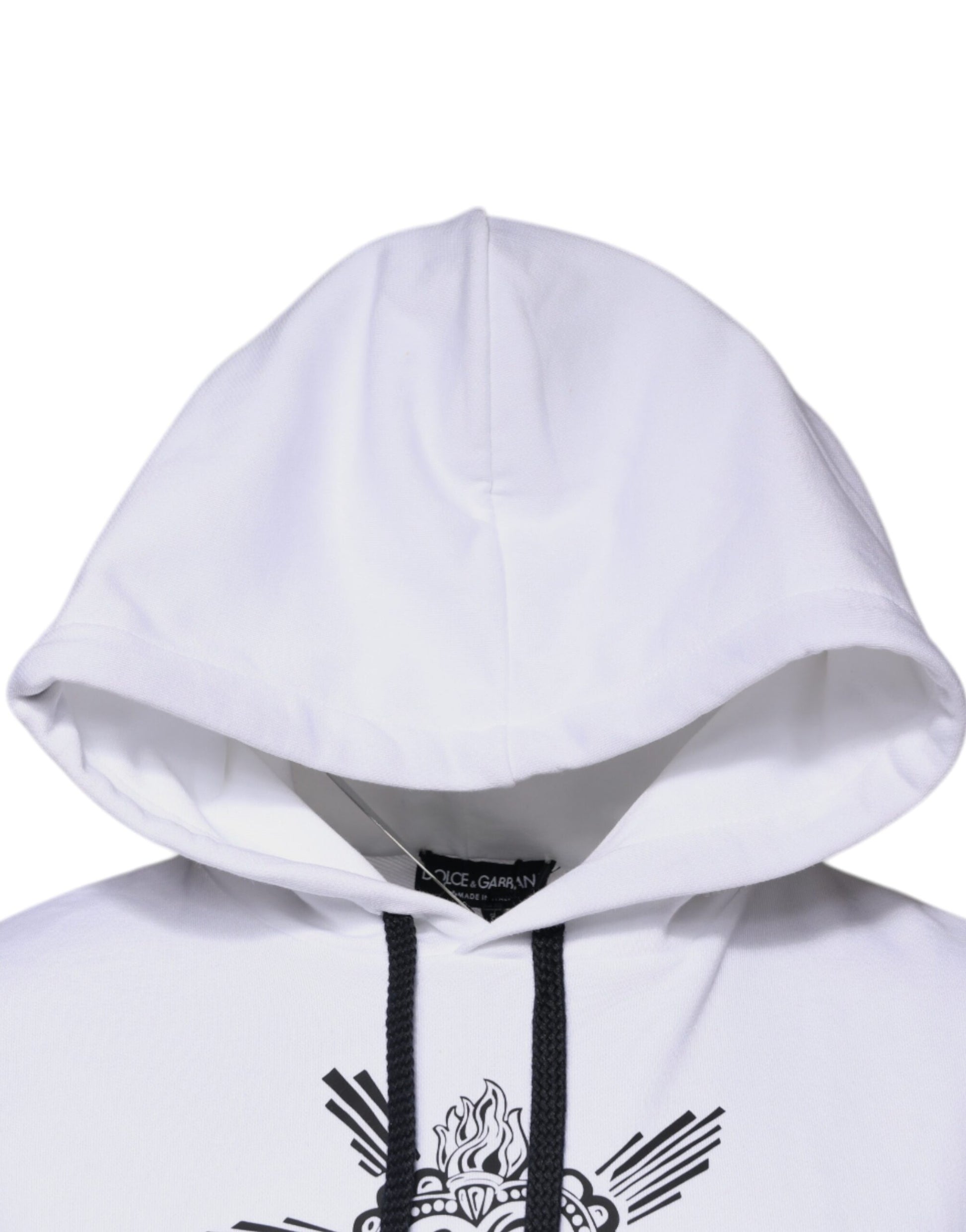 White hooded sweatshirt with black zipper and design on front