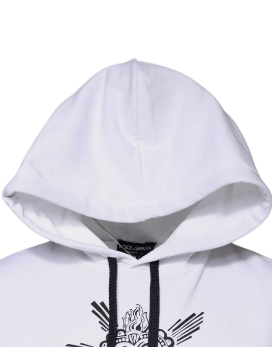 White hooded sweatshirt with black zipper and design on front