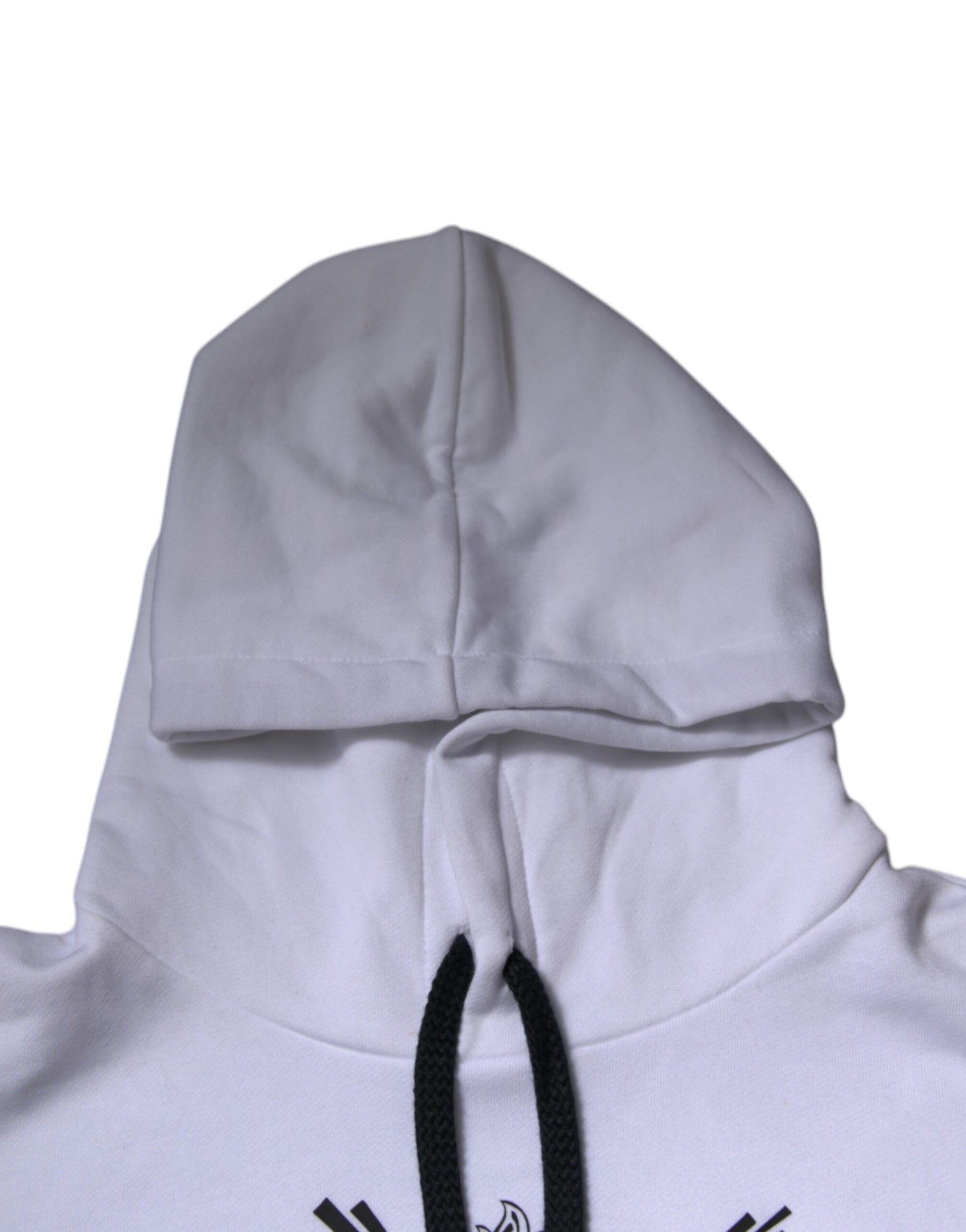 White hoodie with black zipper and drawstrings