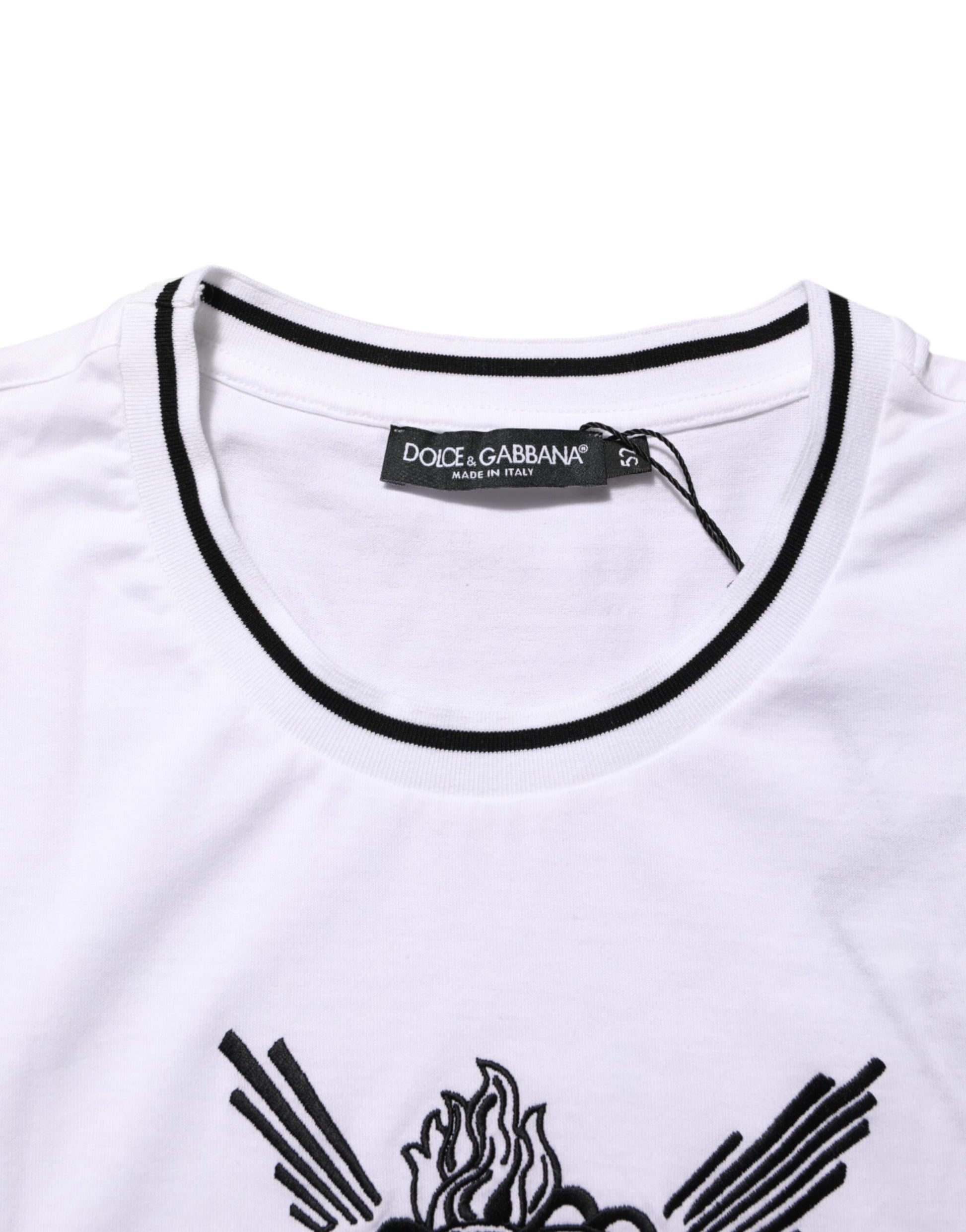 White t-shirt with black trim and design on neckline