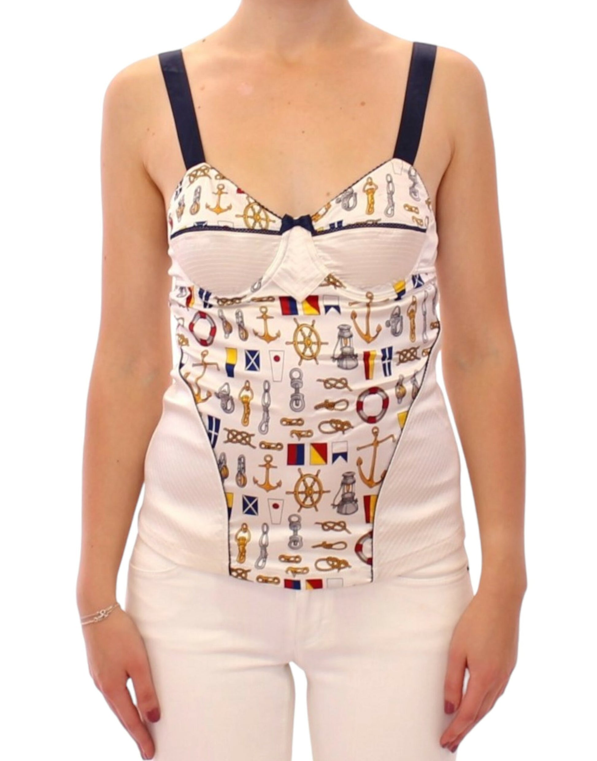 Woman wearing a tank top with nautical design