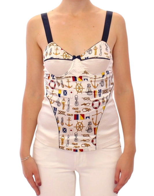 Woman wearing a tank top with nautical design