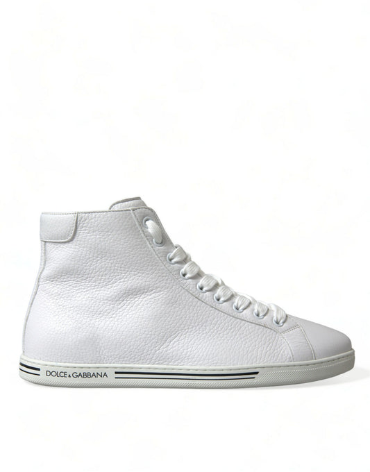 White high top sneaker with black laces and sole