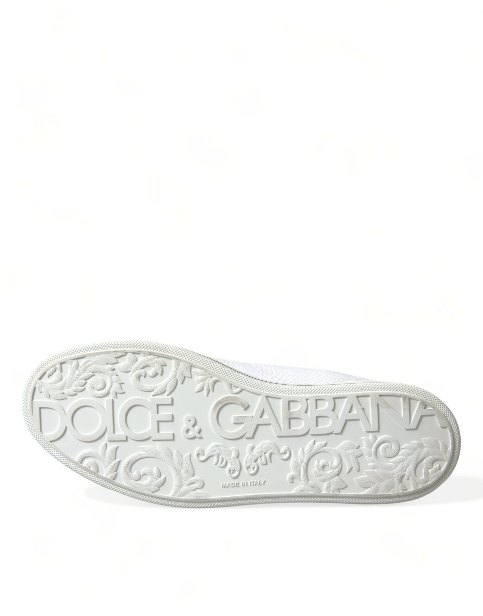 White sandal with embossed logo and floral design