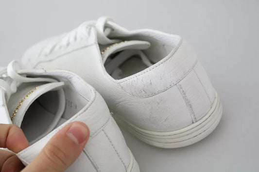 A pair of white lace-up sneakers with gold accents, designed by Dolce & Gabbana