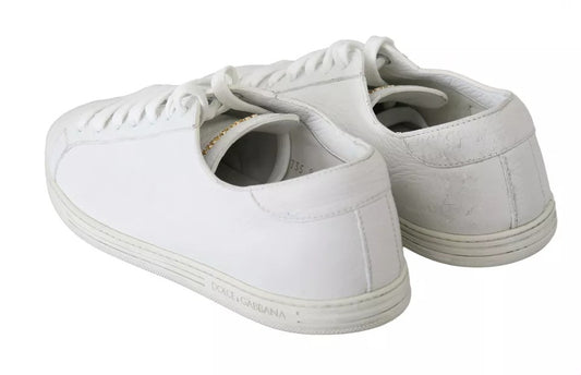 White lace-up sneakers with gold accents, branded by Dolce & Gabbana