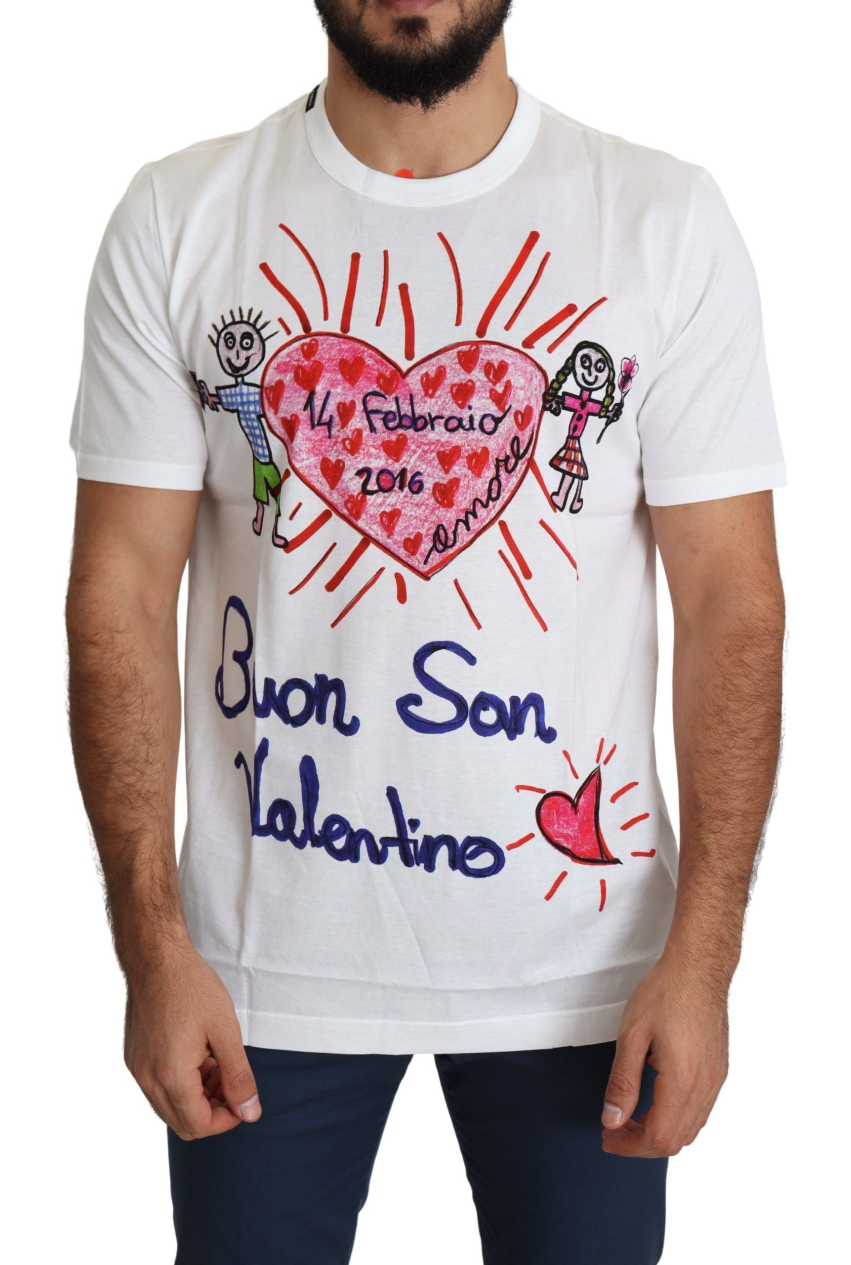 White t-shirt with hand-drawn illustrations including a heart, flowers, and cartoon figures