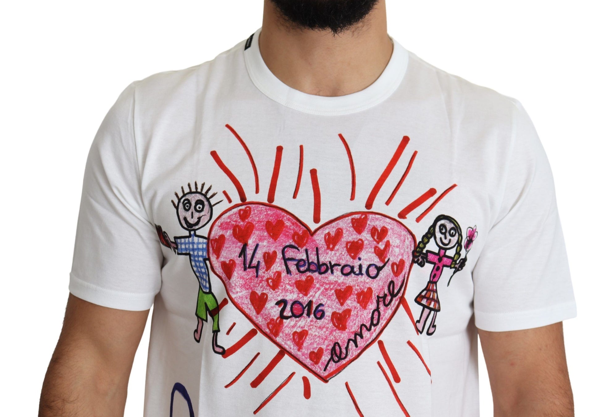White t-shirt with hand drawn illustration of two stick figures holding hands around a heart