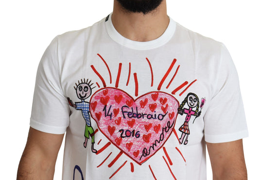 White t-shirt with hand drawn illustration of two stick figures holding hands around a heart