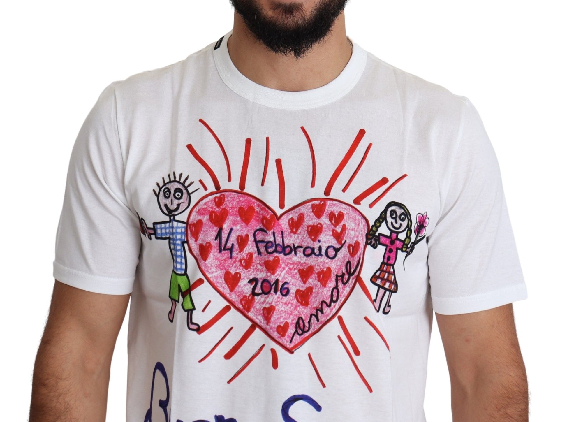 White t-shirt with hand drawn heart design featuring two cartoon figures holding hands inside a red outline