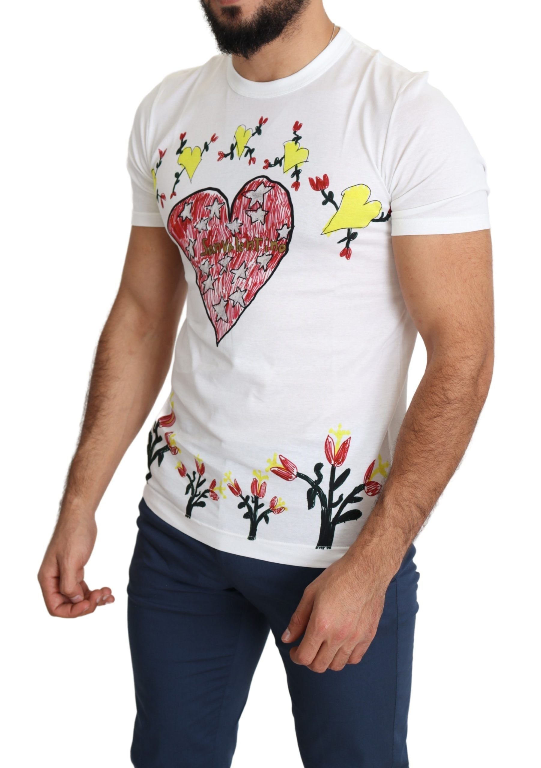 Man wearing graphic t-shirt with heart design