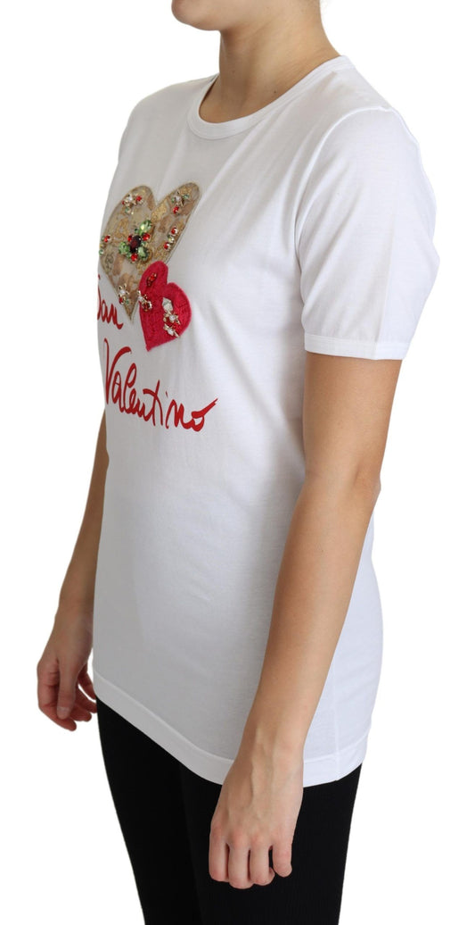 White t-shirt with red heart design on front