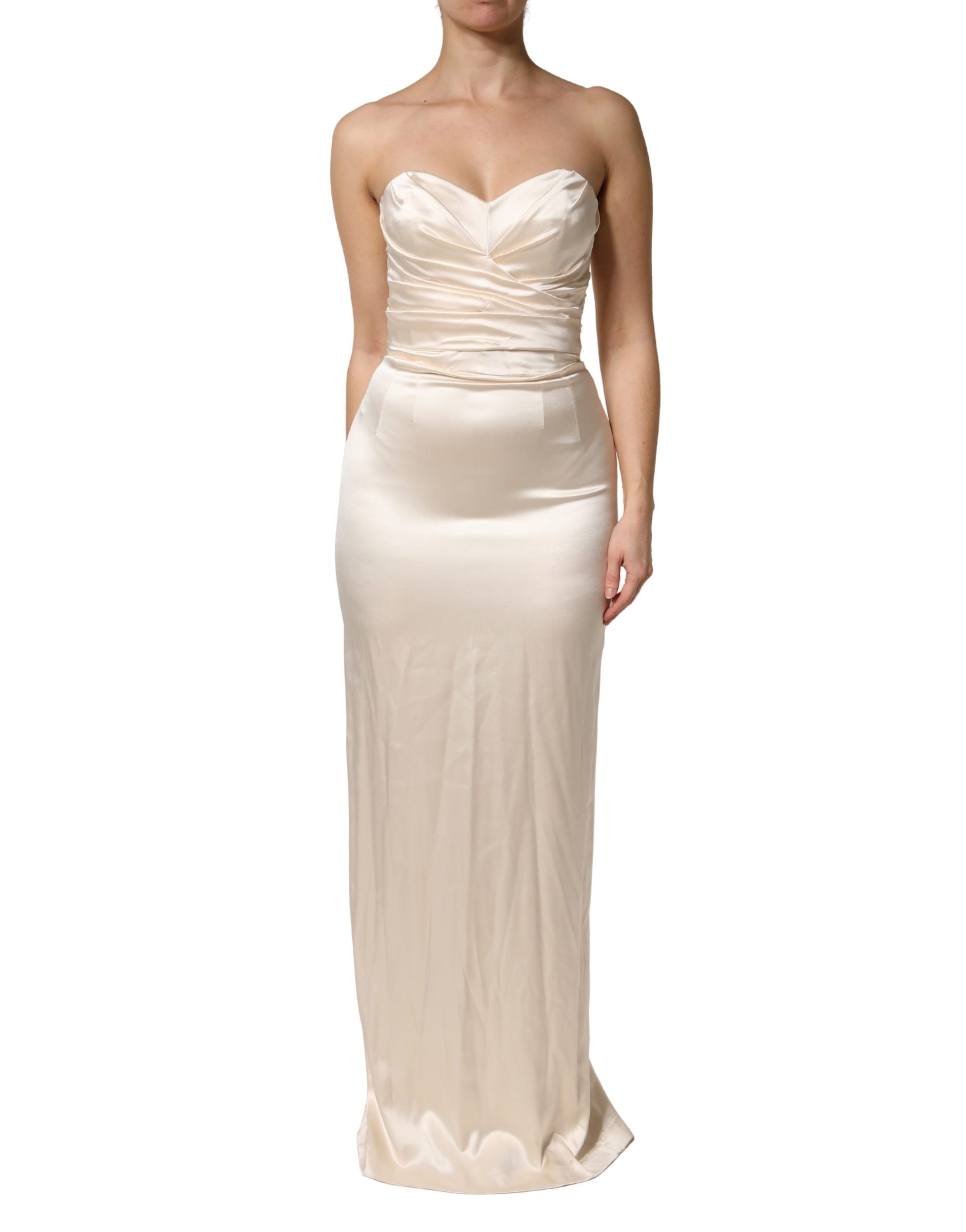 A white satin strapless sheath maxi dress by Dolce & Gabbana