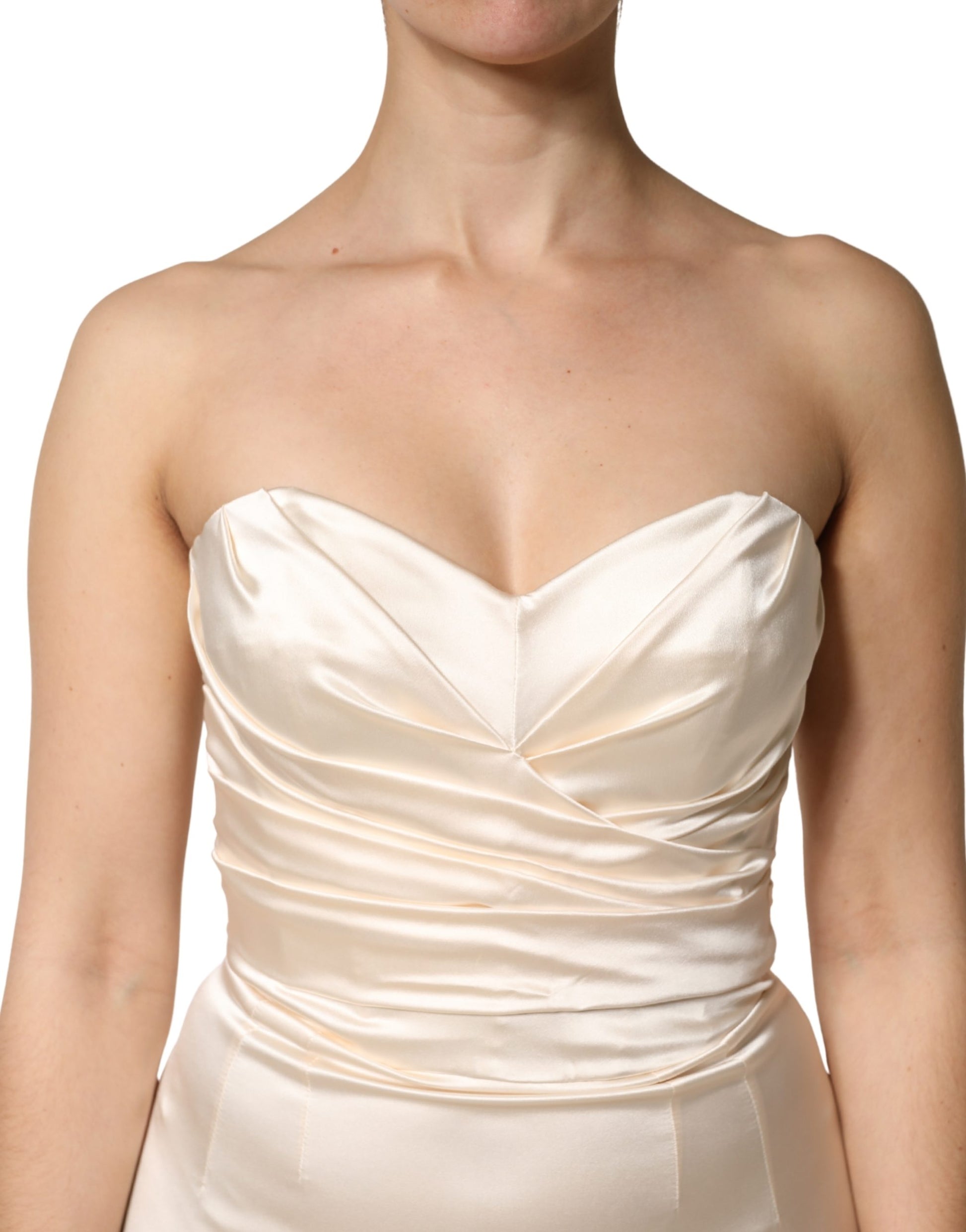A white satin strapless sheath maxi dress by Dolce & Gabbana