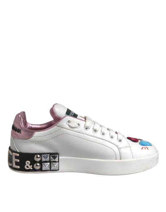 Pink and white sneakers with floral pattern on side