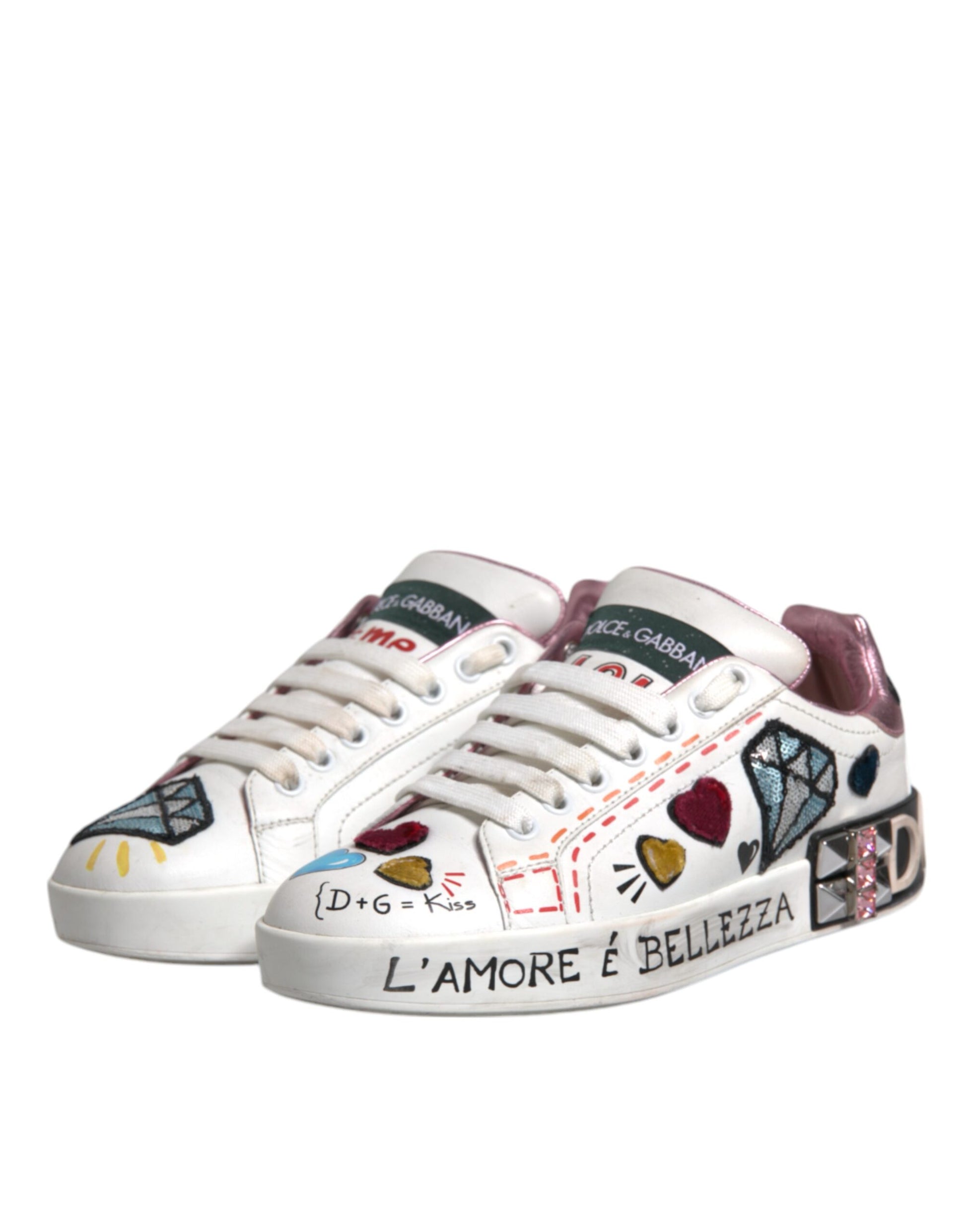 Pair of sneakers with colorful designs and writing on side