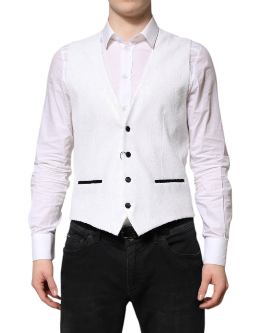 A white sequined vest with a formal waistcoat design