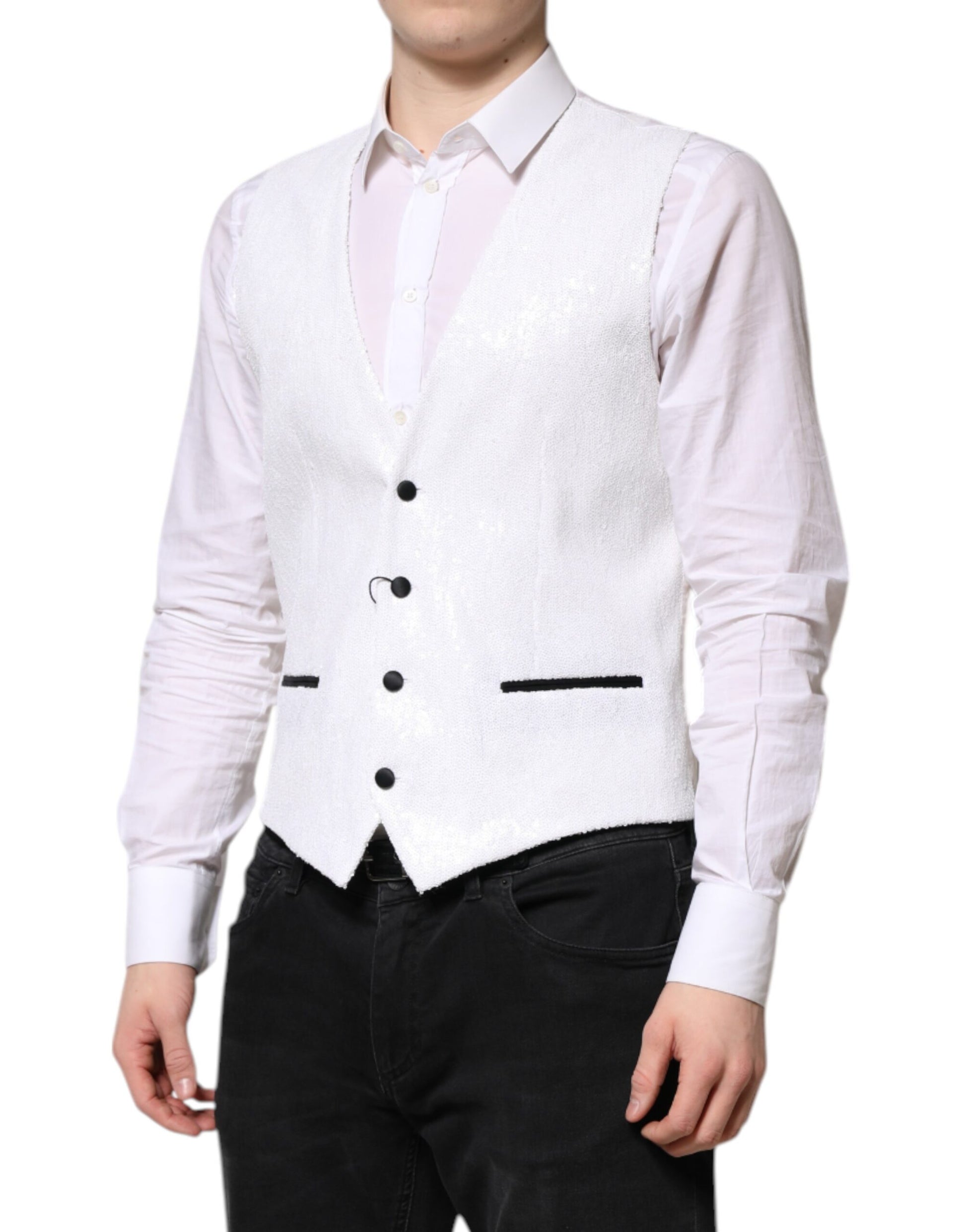 A white sequined vest with a formal waistcoat design