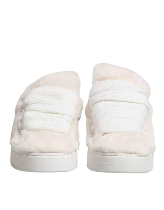 Pair of white sneakers with fur trim