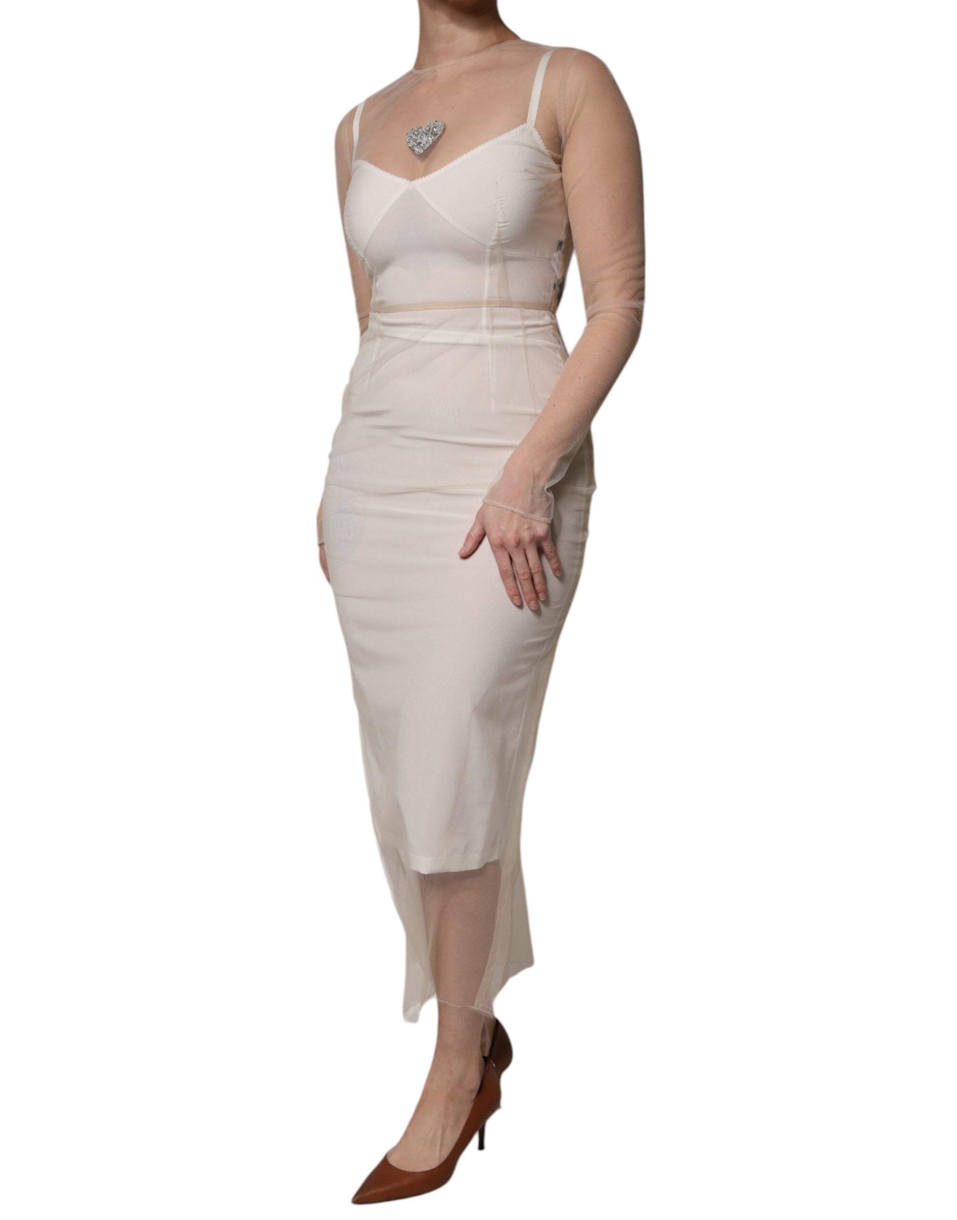 A white sheer tulle bustier bodycon midi dress with a fitted silhouette
